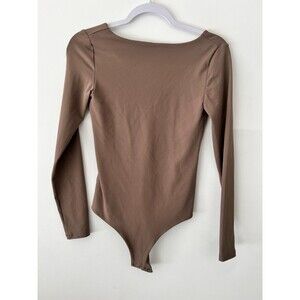 Nuuds Top Womens Small Long Sleeve Bodysuit Beige Soft Nylon Stretch Fitted